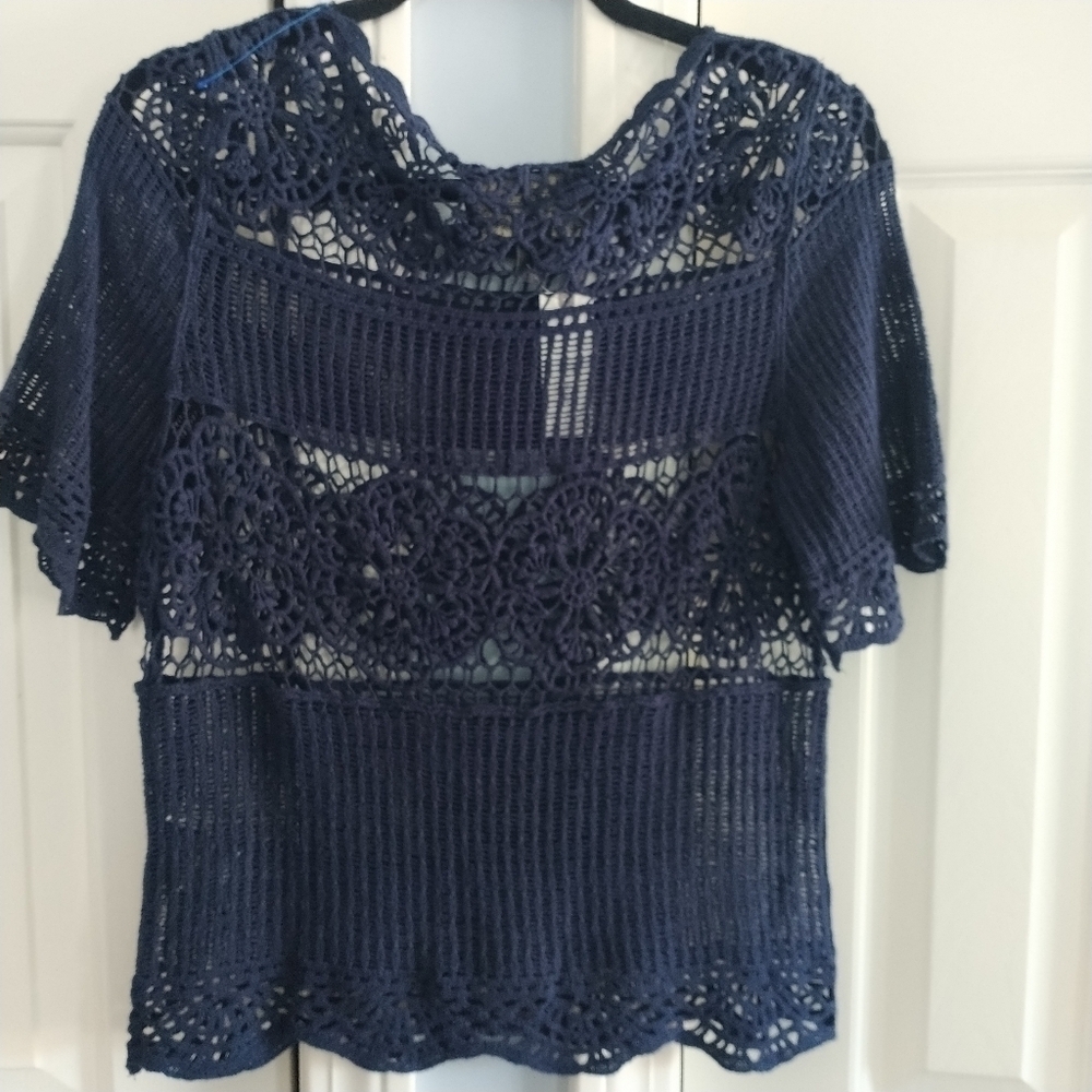 Anthropologie James Coviello Crochet Navy Top XS - Picture 4 of 11